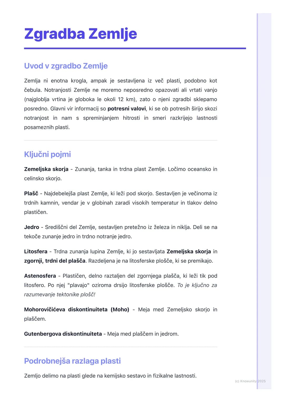 # Zgradba Zemlje

Uvod v zgradbo Zemlje

Zemlja ni enotna krogla, ampak je sestavljena iz več plasti, podobno kot
čebula. Notranjosti Zemlje