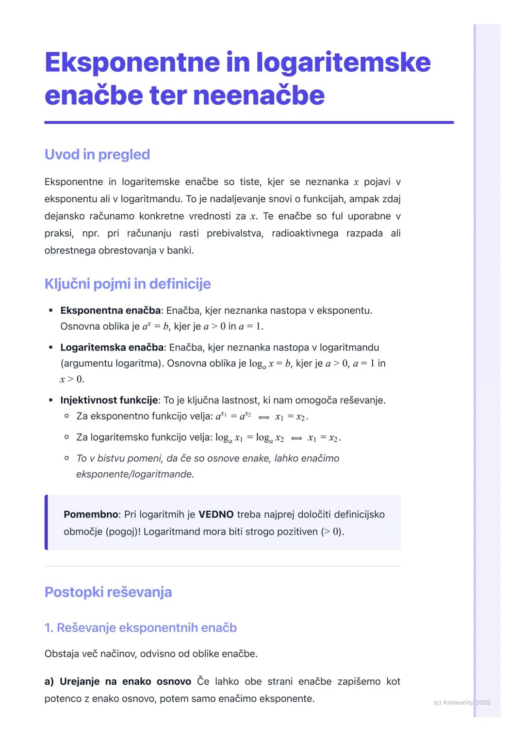 # Eksponentne in logaritemske
enačbe ter neenačbe

Uvod in pregled

Eksponentne in logaritemske enačbe so tiste, kjer se neznanka x pojavi v