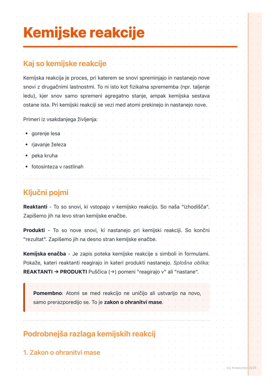 # Kemijske reakcije

Kaj so kemijske reakcije

Kemijska reakcija je proces, pri katerem se snovi spreminjajo in nastanejo nove
snovi z druga