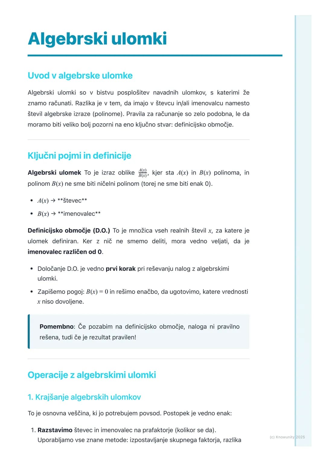 # Algebrski ulomki

Uvod v algebrske ulomke

Algebrski ulomki so v bistvu posplošitev navadnih ulomkov, s katerimi že
znamo računati. Razlik