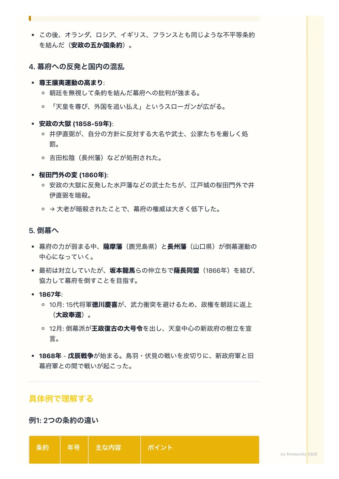 # 幕末の動乱と開国
幕末の動乱と開国
概要
江戸時代末期、200年以上続いた鎖国政策が終わって、日本が外国に港を開いた
時期。アメリカのペリーが黒船で来航したことが大きなきっかけになった。この
出来事によって幕府の力が弱まり、国内が大きく乱れて、最終的に江戸幕府が倒
れ、