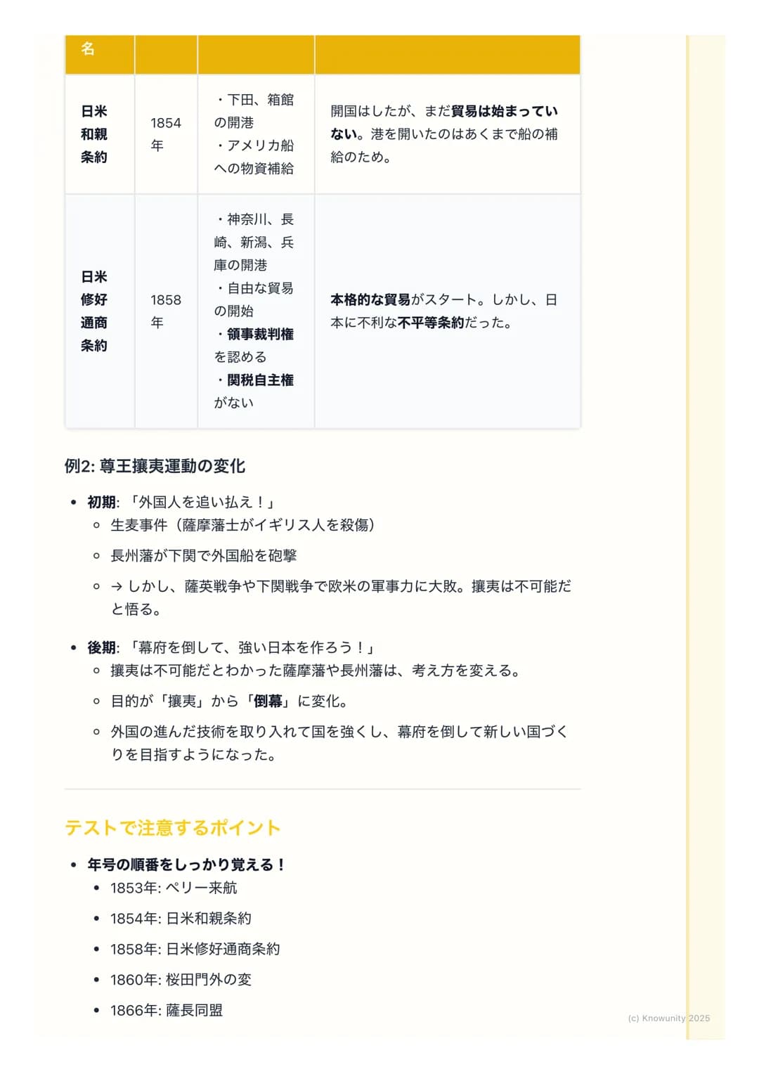 # 幕末の動乱と開国
幕末の動乱と開国
概要
江戸時代末期、200年以上続いた鎖国政策が終わって、日本が外国に港を開いた
時期。アメリカのペリーが黒船で来航したことが大きなきっかけになった。この
出来事によって幕府の力が弱まり、国内が大きく乱れて、最終的に江戸幕府が倒
れ、