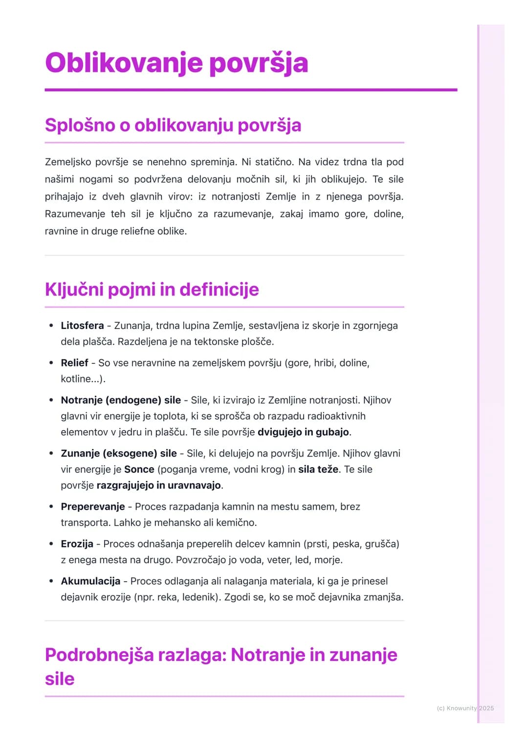 # Oblikovanje površja
Splošno o oblikovanju površja
Zemeljsko površje se nenehno spreminja. Ni statično. Na videz trdna tla pod
našimi nog
