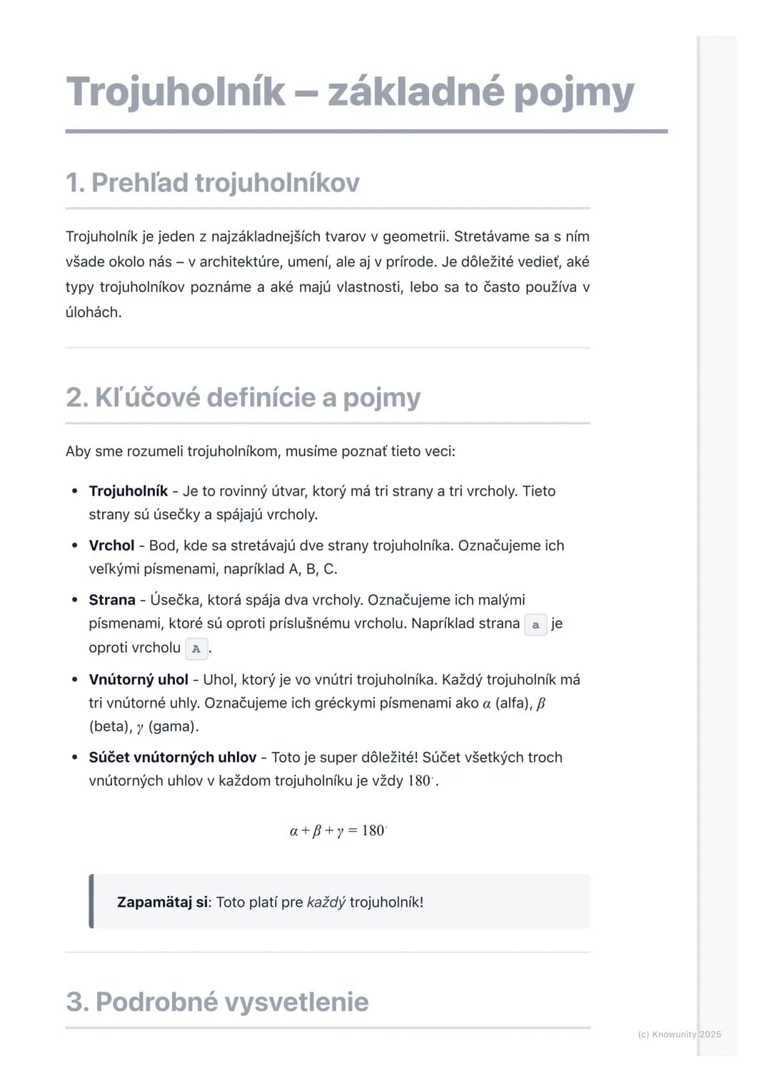 # Trojuholník - základné pojmy
1. Prehľad trojuholníkov
Trojuholník je jeden z najzákladnejších tvarov v geometrii. Stretávame sa s ním
vš