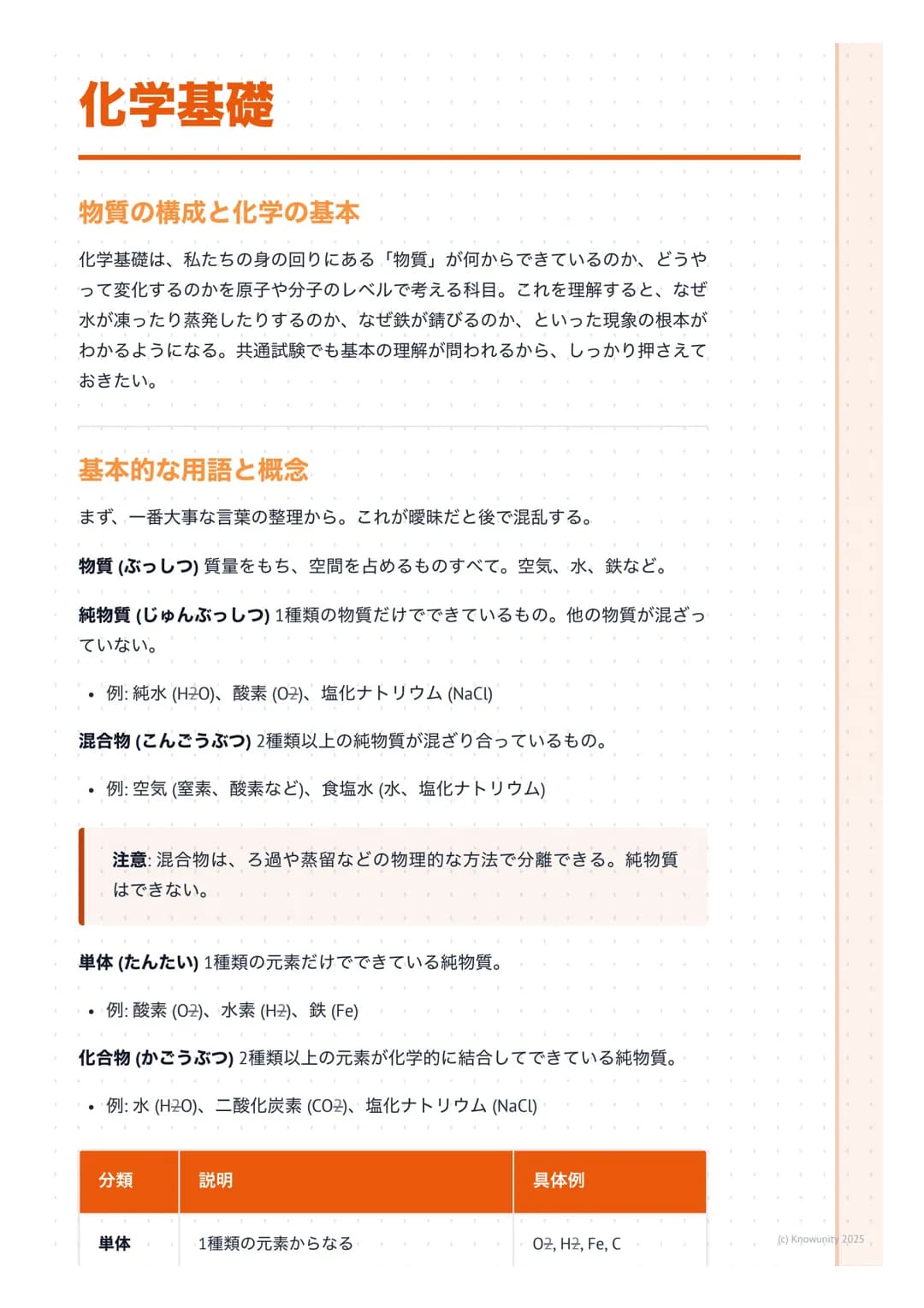 # 化学基礎
## 物質の構成と化学の基本
化学基礎は、私たちの身の回りにある「物質」が何からできているのか、どうや
って変化するのかを原子や分子のレベルで考える科目。これを理解すると、なぜ
水が凍ったり蒸発したりするのか、なぜ鉄が錆びるのか、といった現象の根本が
わかるよう